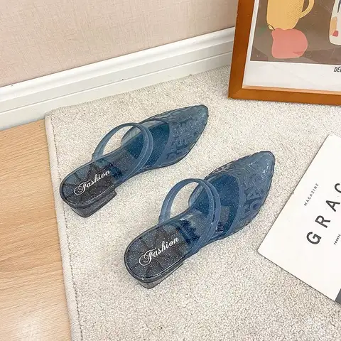 여성용 젤리 샌들 스퀘어 힐, 미디엄 오픈 토 비치 신발, 트렌드 세일, 오리지널 한국, 여름 2024