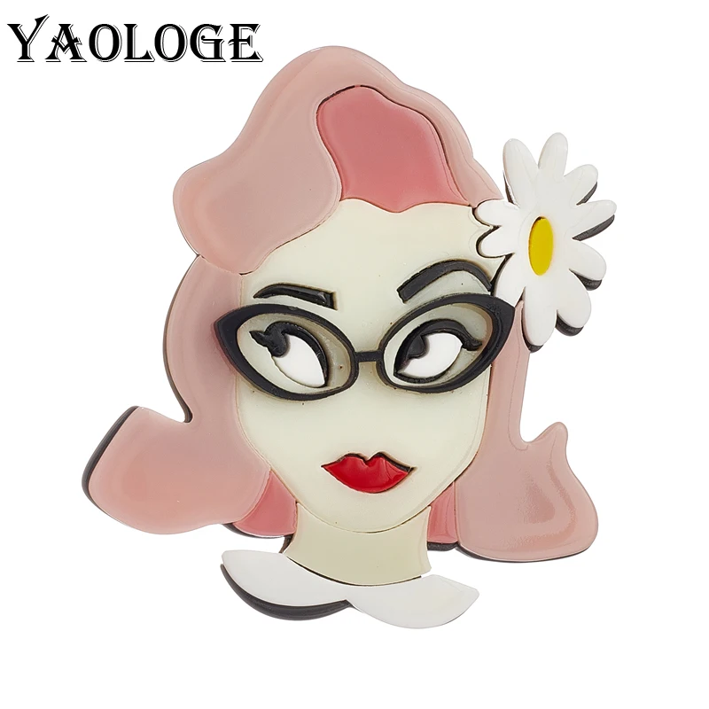 YAOLOGE Acrylic Sexy Pink Hair Daisy Lady Brooches For Women Kids New Cartoon Figure Badges Chest Pins Accessories Jewelry Gift