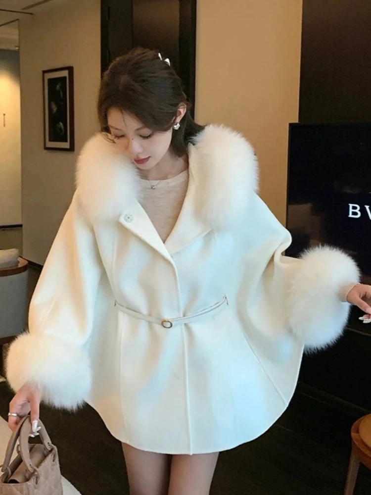 

2025 New Autumn Winter Clothes Fashion Real Fox Fur Shawl Woolen Jacket Women Thick Warm Cashmere Wool Cloak Coat Female