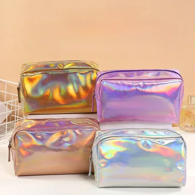 New Solid Color Laser Makeup Bag Portable Travel Wash Storage Bag Fashion Large Capacity Toiletry Cosmetic Organizer Bag