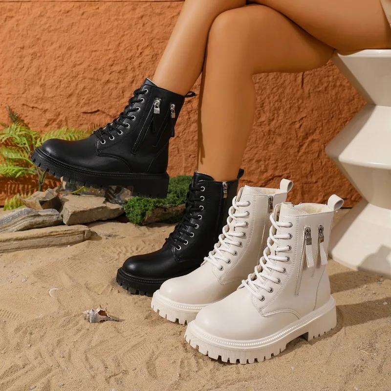 

2025 Winter Warm Short Plush Ankle Boots Women Fashion Zip Lace Up Platform Boots Woman High Quality Comfy Low Heels Boot