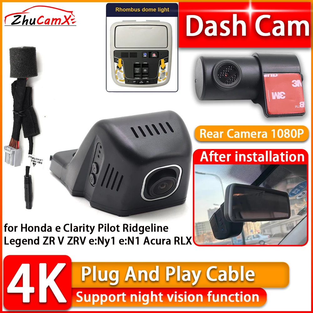 Wiifi 4K Dash Cam for Honda e Clarity Pilot Ridgeline Legend ZR V ZRV e:Ny1 e:N1 Acura RLX DVR Front Rear Camera Plug and Play
