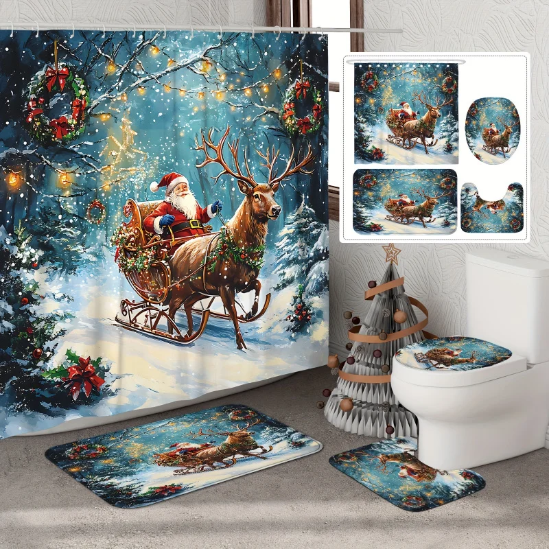 Festive Christmas Shower Curtain Set: Santa and Reindeer on Sled, 71