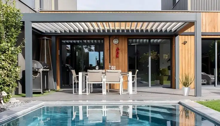 

Custom Size 3x4 4x4 6x6 Motorized Aluminum Pergola Bioclimatic Louvered Roof Waterproof Gazebo with LED Light Backyard Sun Shade