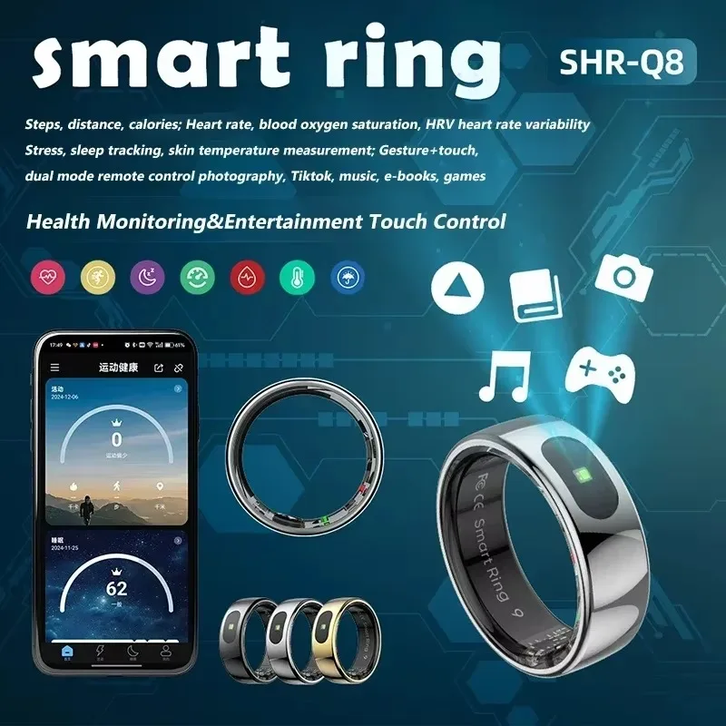 R08 Smart Ring Women's Men Remote Control Electronic Swimming Blood Pressure Monitor Temperature Sleep Tracker for IOS Android