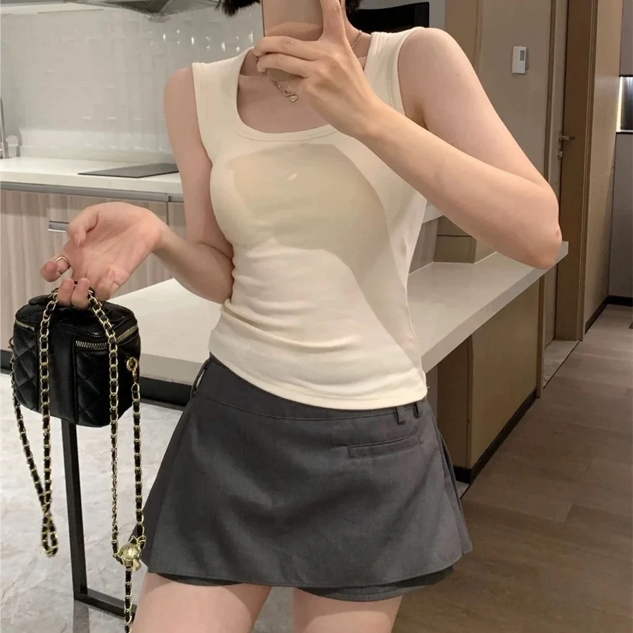 New Pure Cotton Vest Women's Wide Shoulder Fixed Cup with Chest Pad Slim Fit Short Sleeveless Top Women's Fashion Autumn