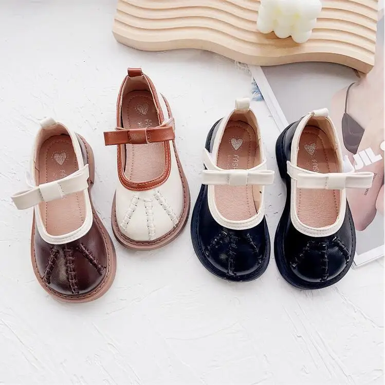 2024 Spring Autumn New Girls' Bowknot Leather Shoes Cute Children's Soft Sole Single Shoes Western Fashion Princess Shoes