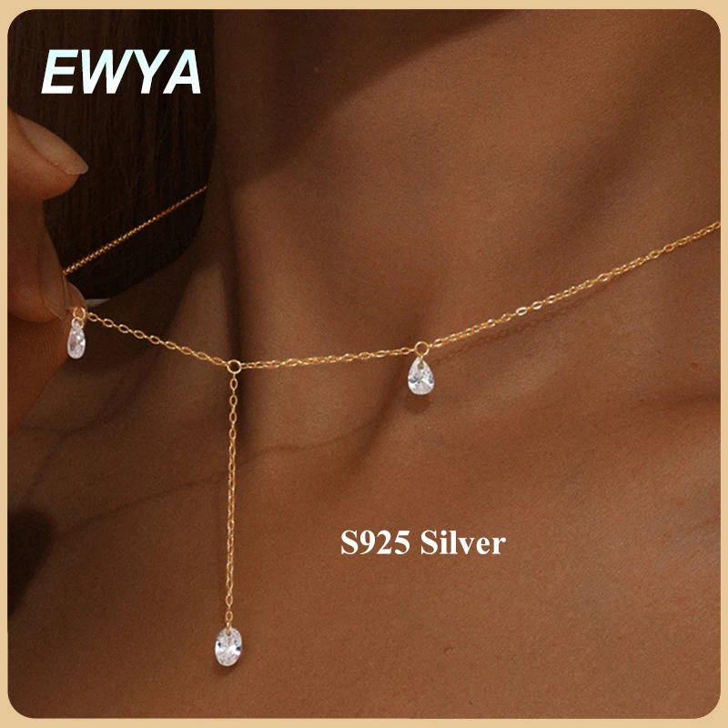 

EWYA Изящное ожерелье с подвеской в виде груши овальной огранки 5A с цирконием и кисточкой, женское серебро s925, высокоуглеродистая цепочка на шею для вечеринки, подарок