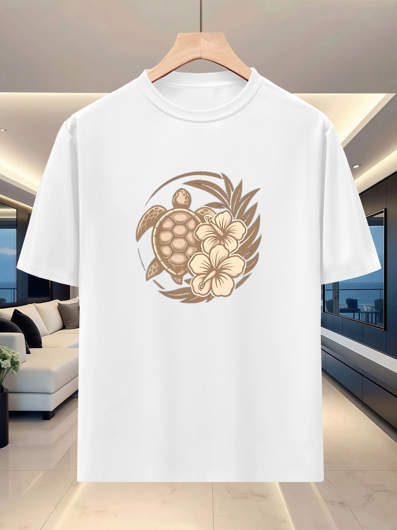 Light and casual style men's off shoulder half sleeved short distance travel trend creative printed round neck silhouette shirt