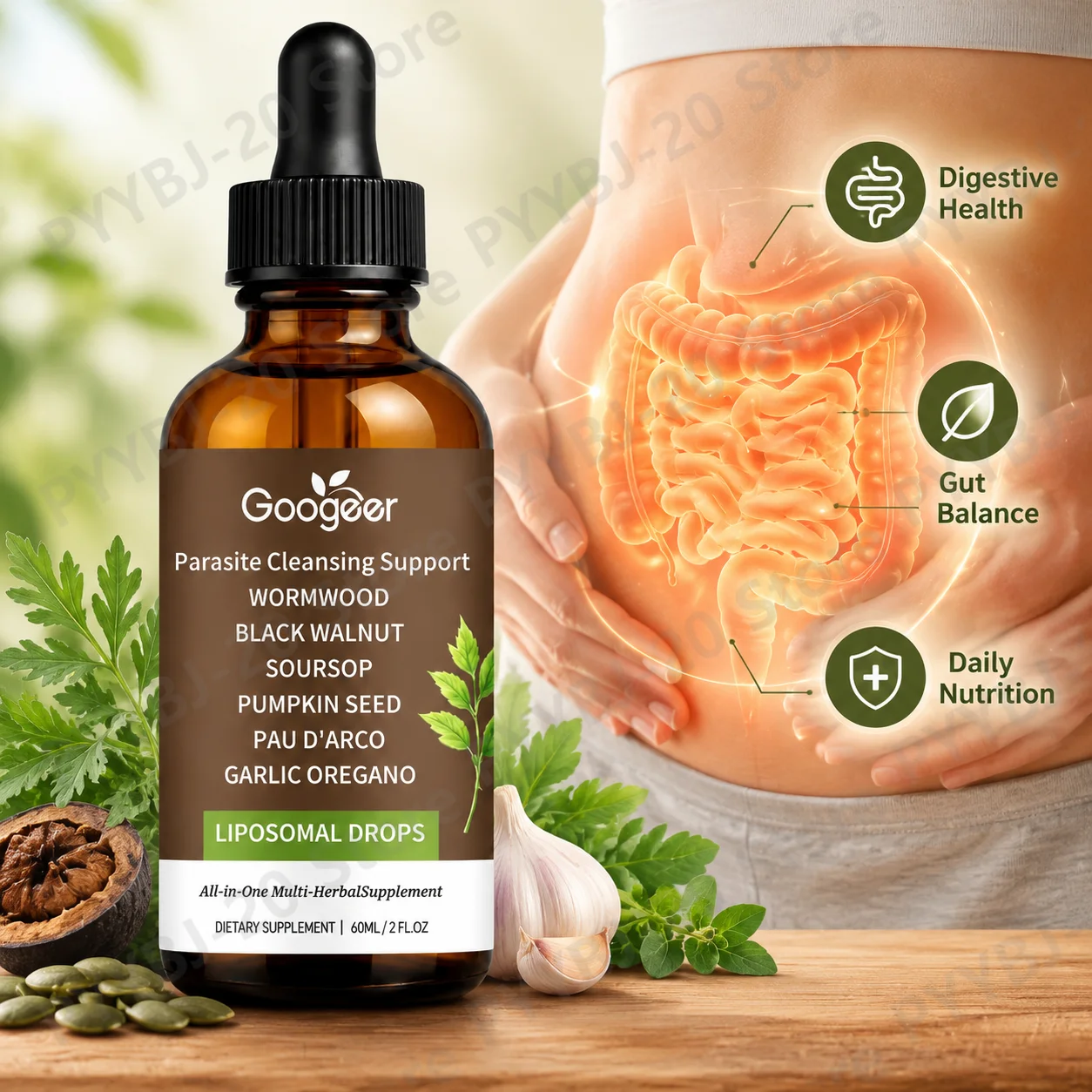 GOOGEER Botanical Gut Nutrition Drops Digestive Health Gut Balance Daily Nutrition with Wormwood Black Walnut Hull Extract 60ml