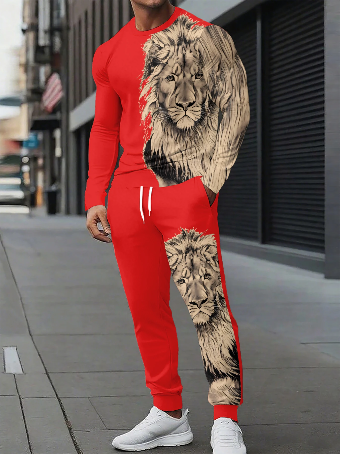 

Spring And Autumn 2-piece Lion Printing Men's Sets Men's Everyday Casual Long Sleeve T-shirt And Street Fashion Long Pants﻿﻿