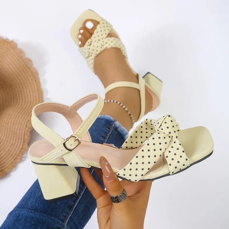 2026 Summer New Twist Knot Design Women Heels Fashion Solid Square Toe Comfort Thick Heeled Women Shoes Босоножки Женские