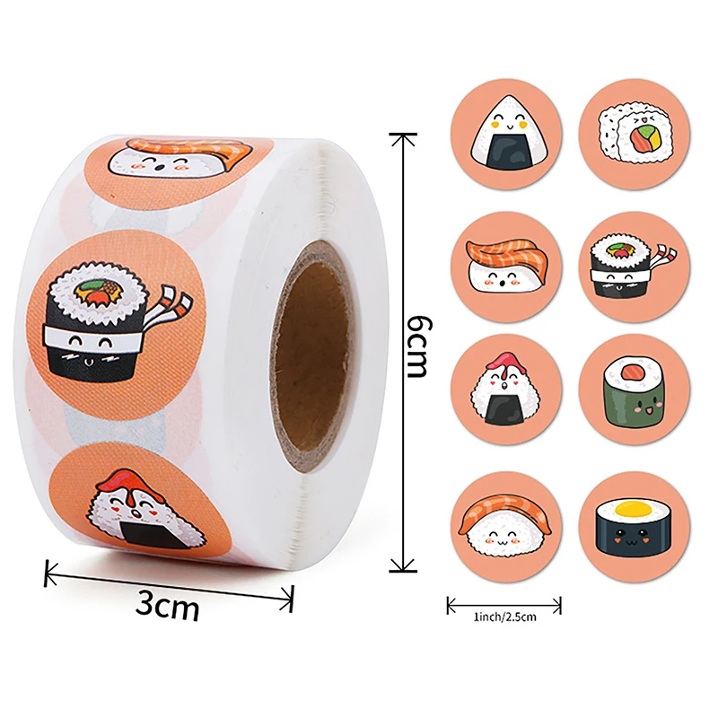 【1Roll 2,5 cm ronde cartoon sushi patroon sticker verjaardag bruiloft decor sticker gebakken dessert lunchbox label sticker】