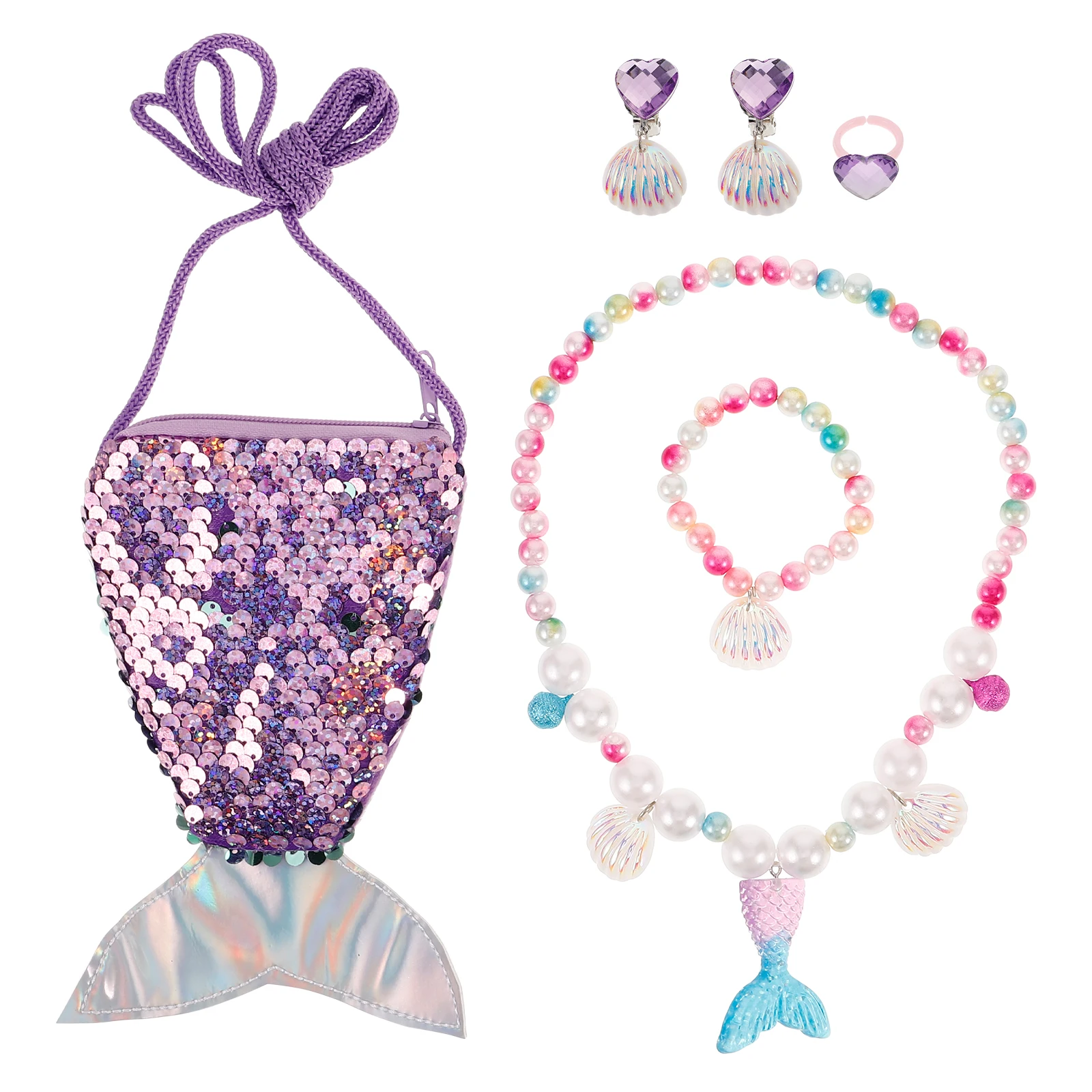 

6pcs Coin Jewelry Set for Girls Little Girls Jewelry Mermaid Design Party Supplies Kids Costume Sea Shell Pearl Ring