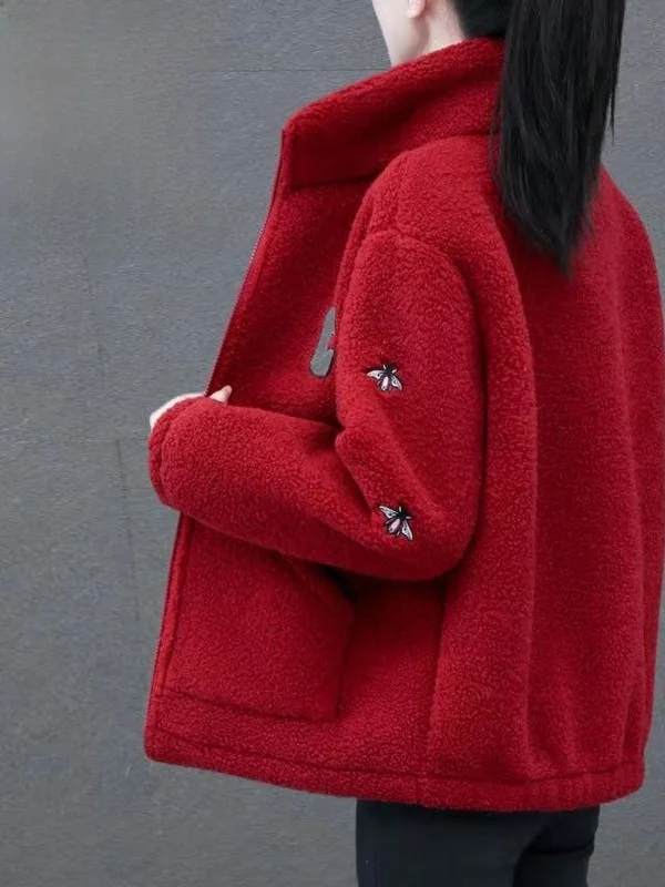Thickened Lamb Fur Jacket Stand Collar Particle Fleece Winter Warm Women's Outerwear Korean Style Casual High Waist