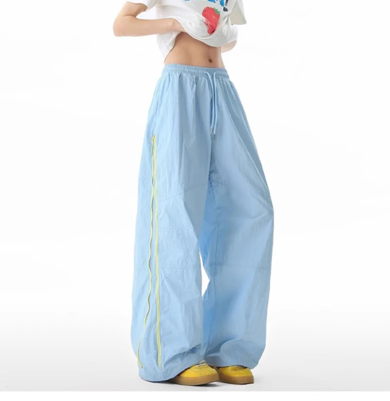 

Женские синие брюки на молнии 2000-х годов, американские 90-х годов Y2k, быстросохнущие, большие размеры, с высокой талией, прямые свободные уличные повседневные брюки