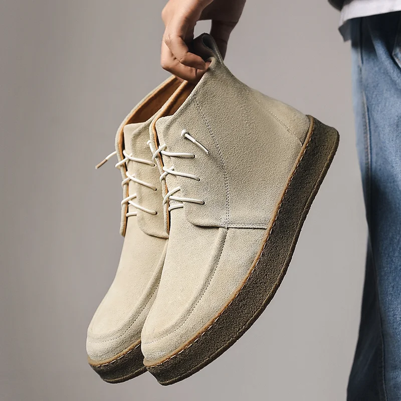 Handmade Cow Suede Vintage British Casual Men Leather Shoes Autumn Winter Ankle Boots Outdoor Work Flats Platform Desert Boots