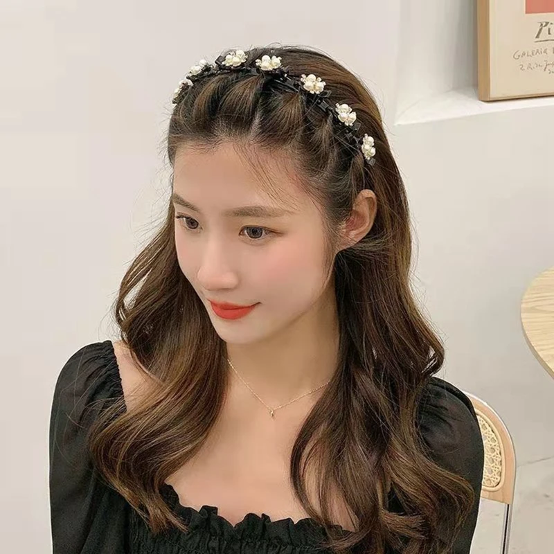 Women\'s Non-Slip Alice Hairband Pearl Headband Fashion Hair Bands Hoop Claws Clips Double Bangs Hairstyle Hair Accessories