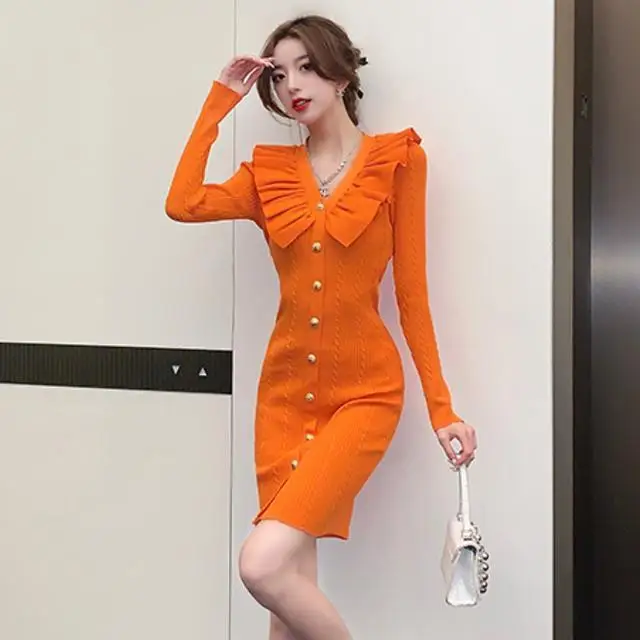 

2024 модное осенне-зимнее женское однобортное Короткое платье женское трикотажное платье с V-образным вырезом Женские облегающие платья с оборками M349