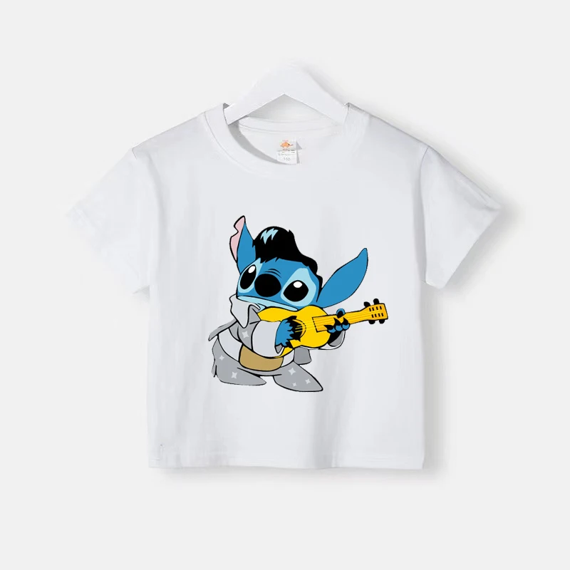 Stitch Angel pattern cartoon printed pure cotton T-shirt for boys and girls, personalized casual short sleeved