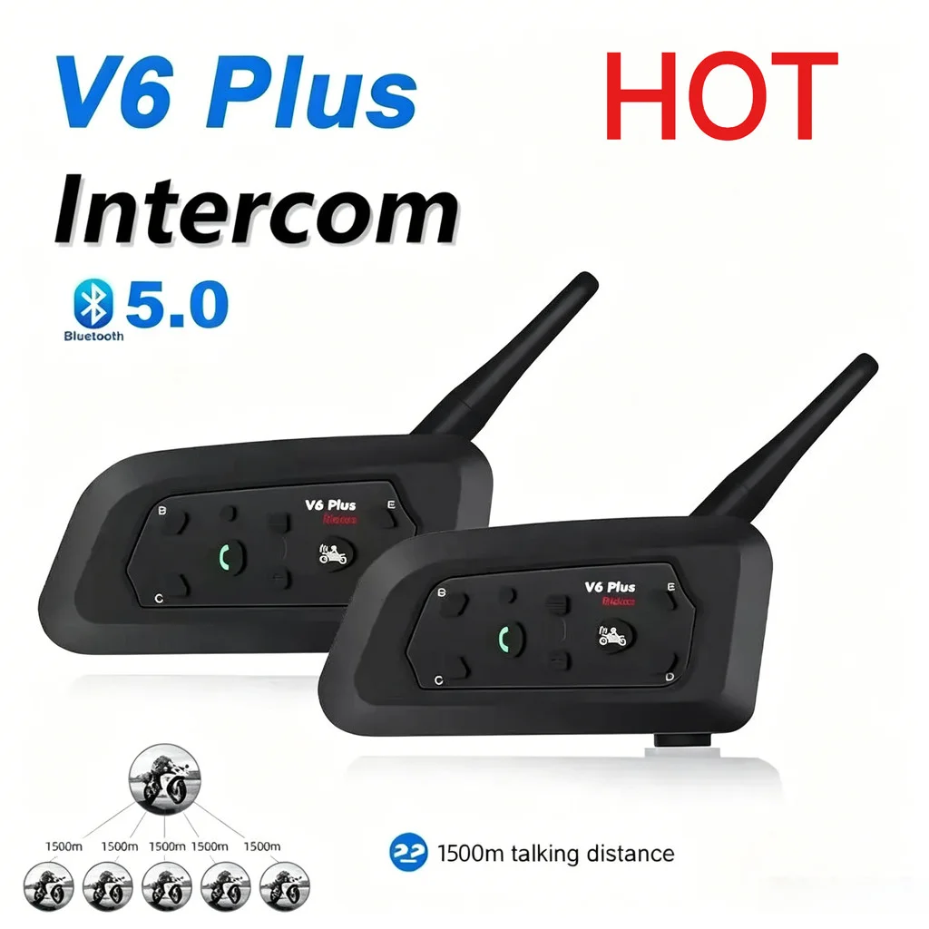 

V6 Plus 1\2PCS Riders Motorcycle Helmet Intercom Headset 1500 Meters Wireless Bluetooth IP65 Waterproof Communicator Headphones