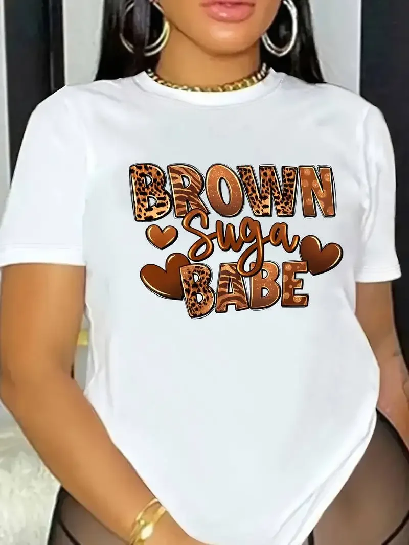 Y2k Short Sleeves T-shirt Summer Brown Suga Babe Small Heart Print Pattern Top Harajuku Short Sleeve Fashion Round Neck Tee