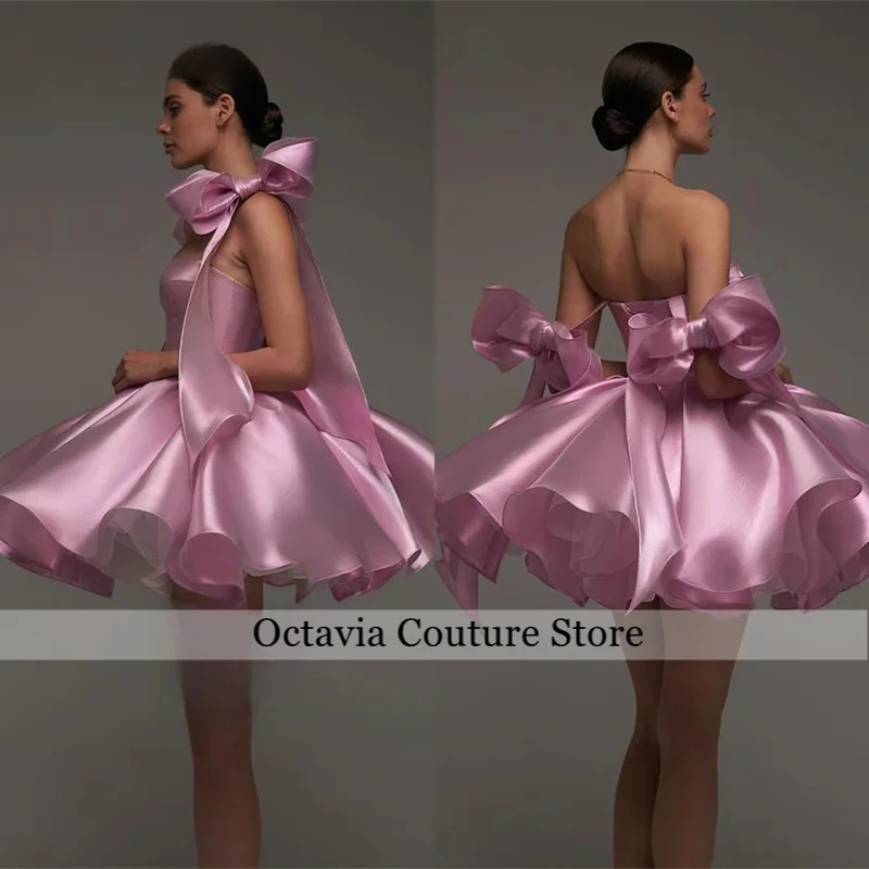 

Pink Chic Evening Dresses Sweetheart Satin Short Dress Prom Dresses with Voluminous Skirt and Bows robe de bal Customized