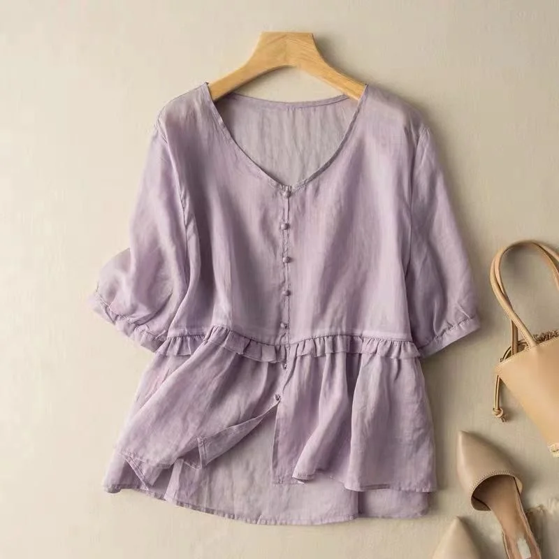 

Свободный хлопок и лен ort Sve Женский irt Casual Loose Cover up Doll Top Trendy V Ne Pure Color Five Sve Regular Length