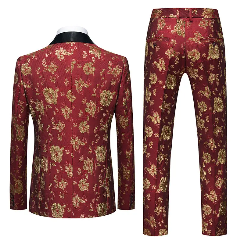 Luxurious Men's Red Two-piece Suit, Featuring A Jacket with Gold Embroidery and Matching Pants—perfect for Weddings and Parties