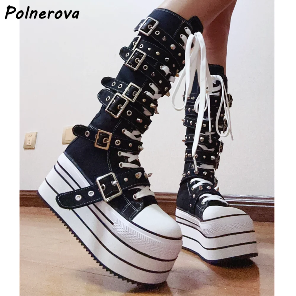 

Холщовые ботинки с заклепками и несколькими поясами на платформе, на толстой подошве, с перекрестной завязкой, черно-белые туфли на шнуровке, лаконичные сапоги до колена в стиле панк в стиле Лолиты, 2025 г.