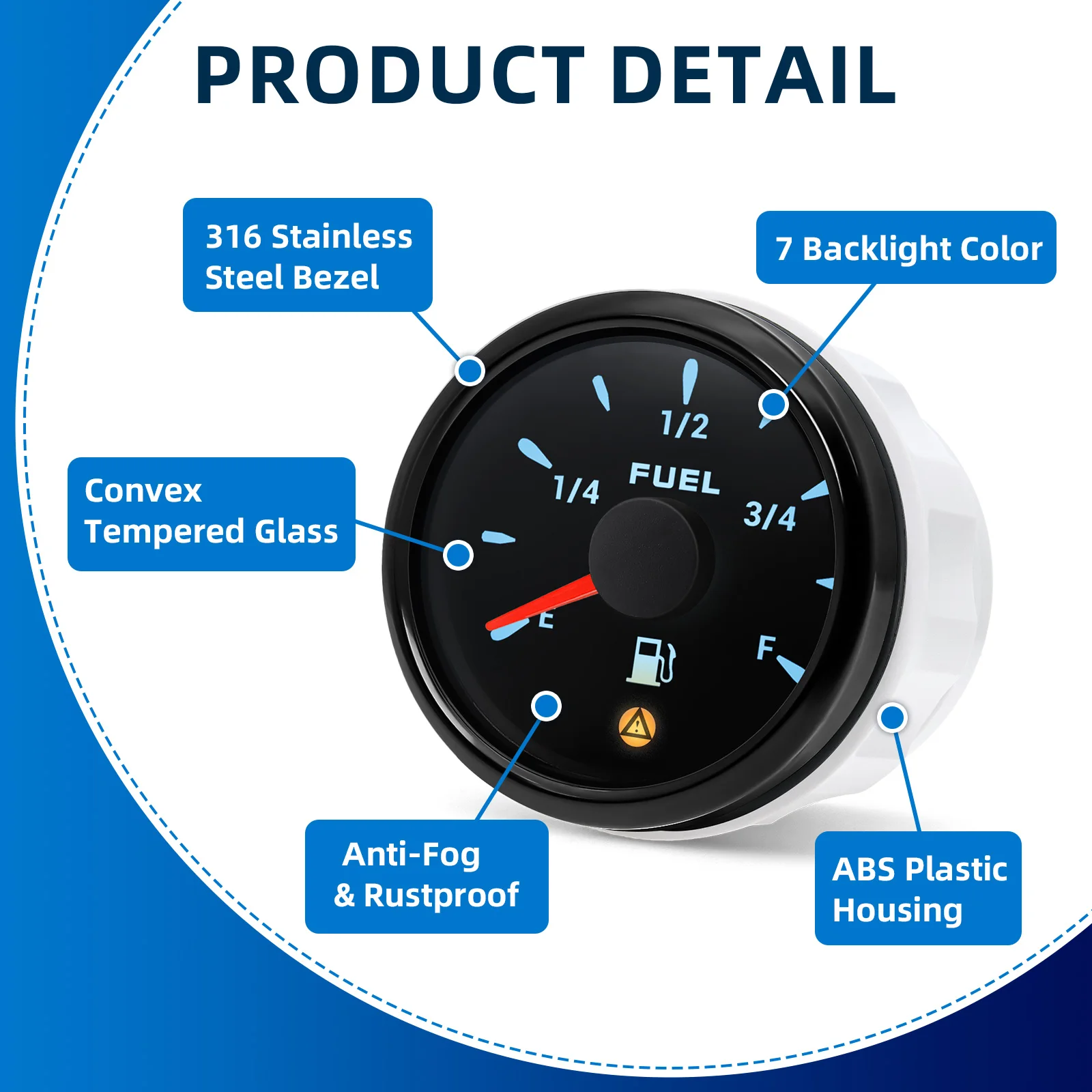 7 Color 52mm Fuel Level Gauge + 0-190 ohm Fuel Float Sensor Oil Tank Meter For Car Boat Marine RV Yacht Indicator + Aalrm Light
