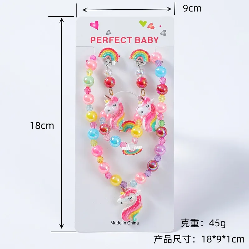 Cute Cartoon Colorful Unicorn Animal Child Sweater Necklace Bracelet Earring Ring Girl\'s Gifts Children\'s Jewelry Sets For Kids
