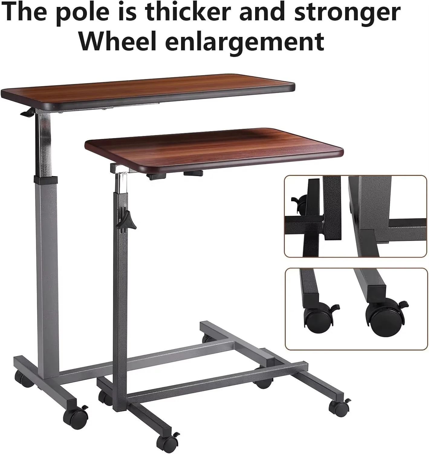 Eminent Mason Walnut Brown Adjustable Overbed Bedside Table One-touch Gas Spring Lift 25kg Load Capacity 360 Swivel Hospital