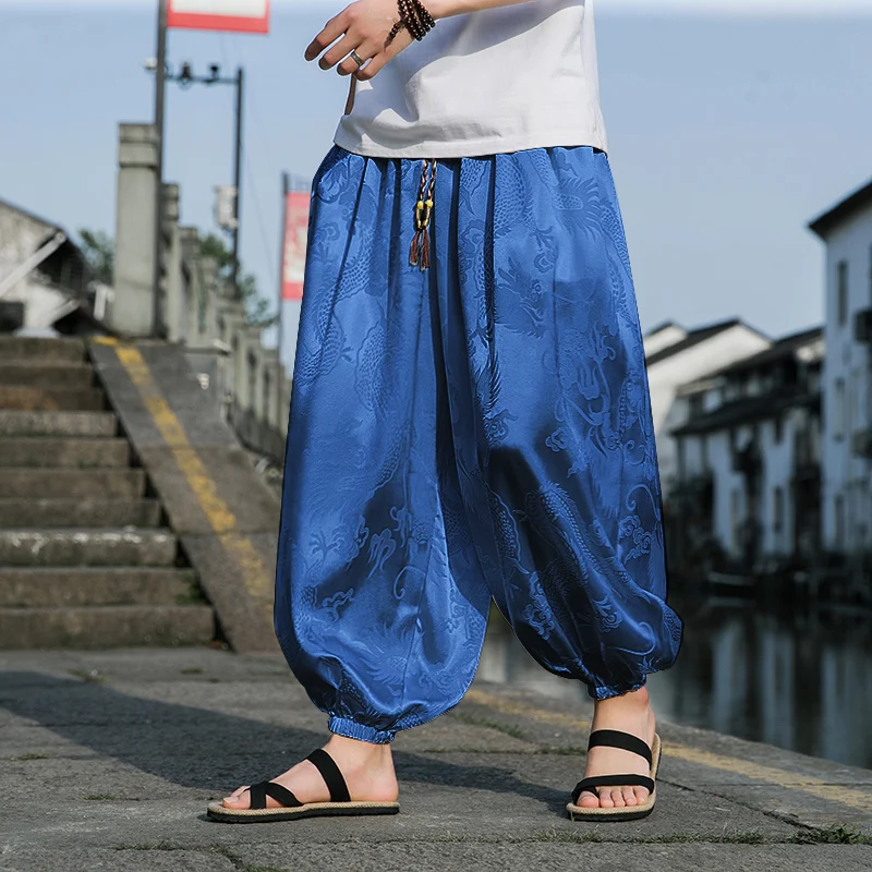 Ice Silk Pants Dragon Pattern Dark Flower Men Beach Bloomers Retro Casual Wide-leg Pants Harajuku Fashion Hip-hop Jogging Pants