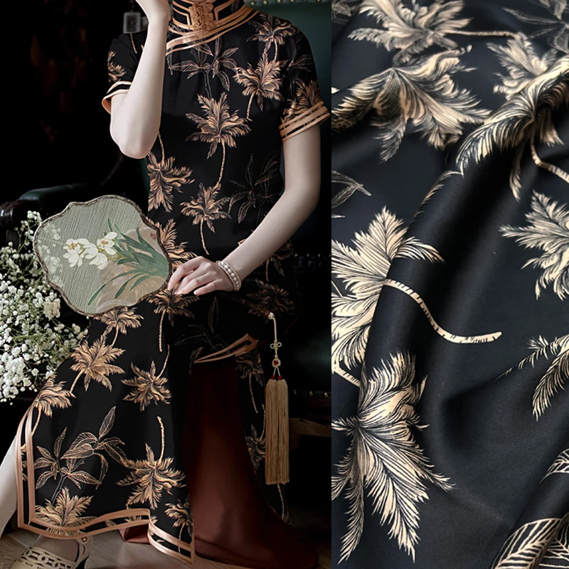 120CM Wide Gambiered Gauze Silk Fabric with Coconut Trees on Black Printed Design for Cheongsam Horse Face Skrit Dress E1569