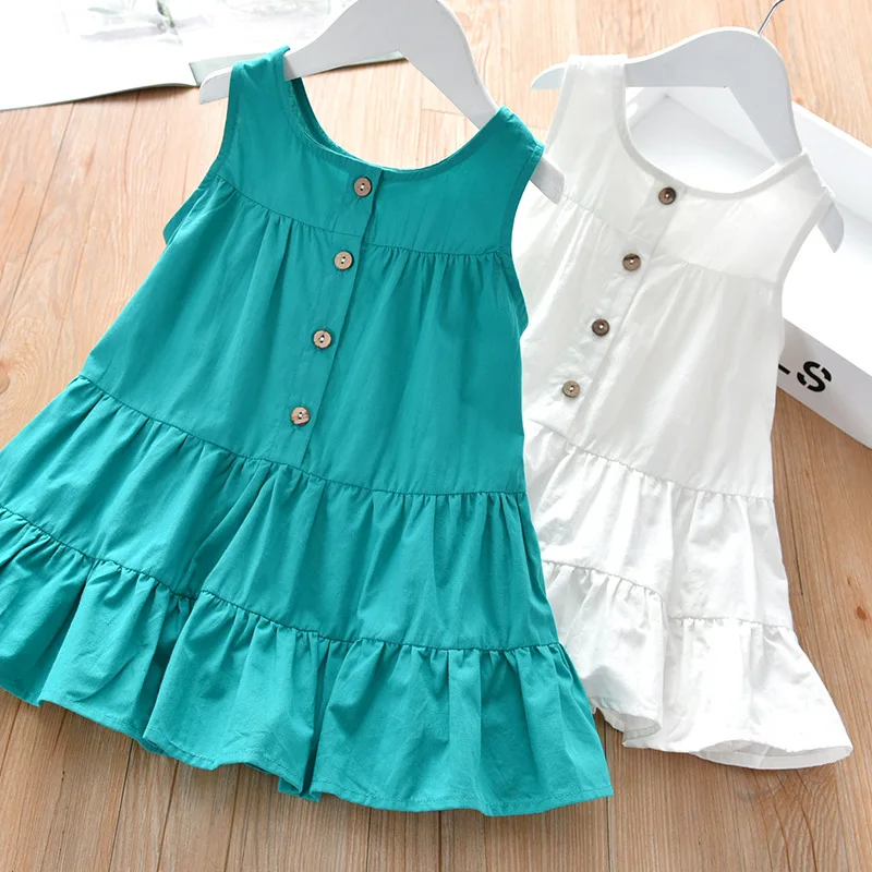 Summer Children Girls Dress for Kids Cotton Sleeveless Button Dress Girls Baby White Blue Sundress Teenager Girls Casual Clothes