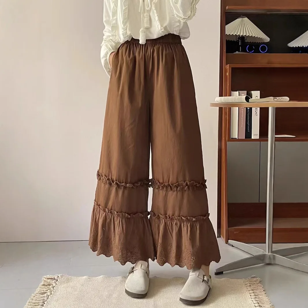 Japanese Sweet Mori Girl Embroidery Hollow Out Hem Wide Leg Pants Women Spring Summer New Elastic Waist Casual Loose Pants