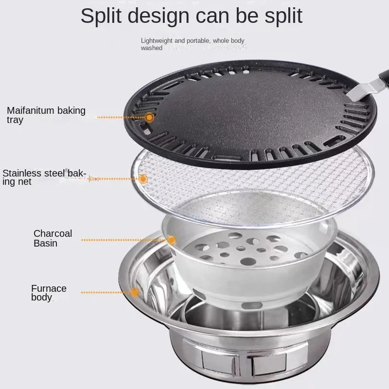 Stainless Steel Korean Barbecue Grill Round Household Commercial Camping Party Charcoal Grill Portable Charcoal Barbecue Grill