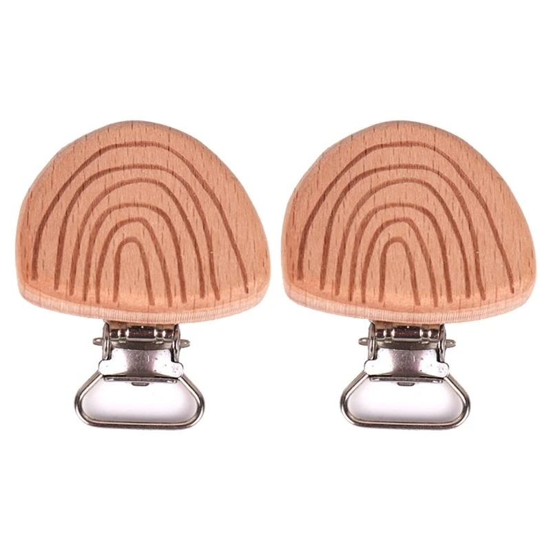 

Y4QA 2Pcs Rainbow Beech Engrave Teether Clip Baby Teether Clasp Wooden Pacifier Clips