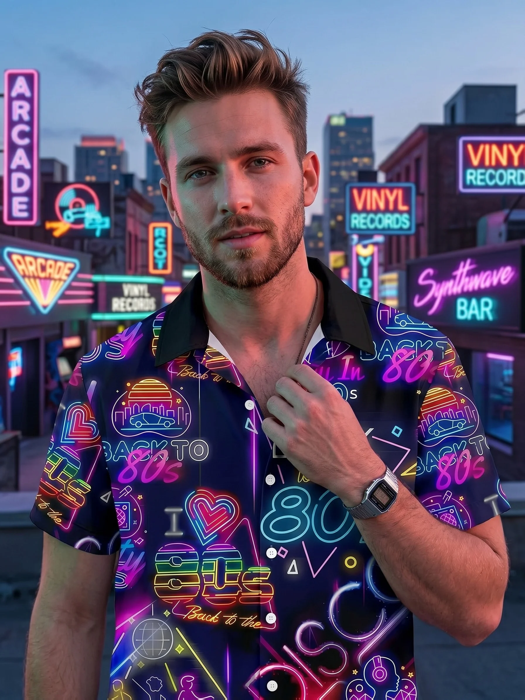Mens Retro 80s Neon Disco Print Short Sleeve Turn Collar Button Casual Hawaiian Party Shirt