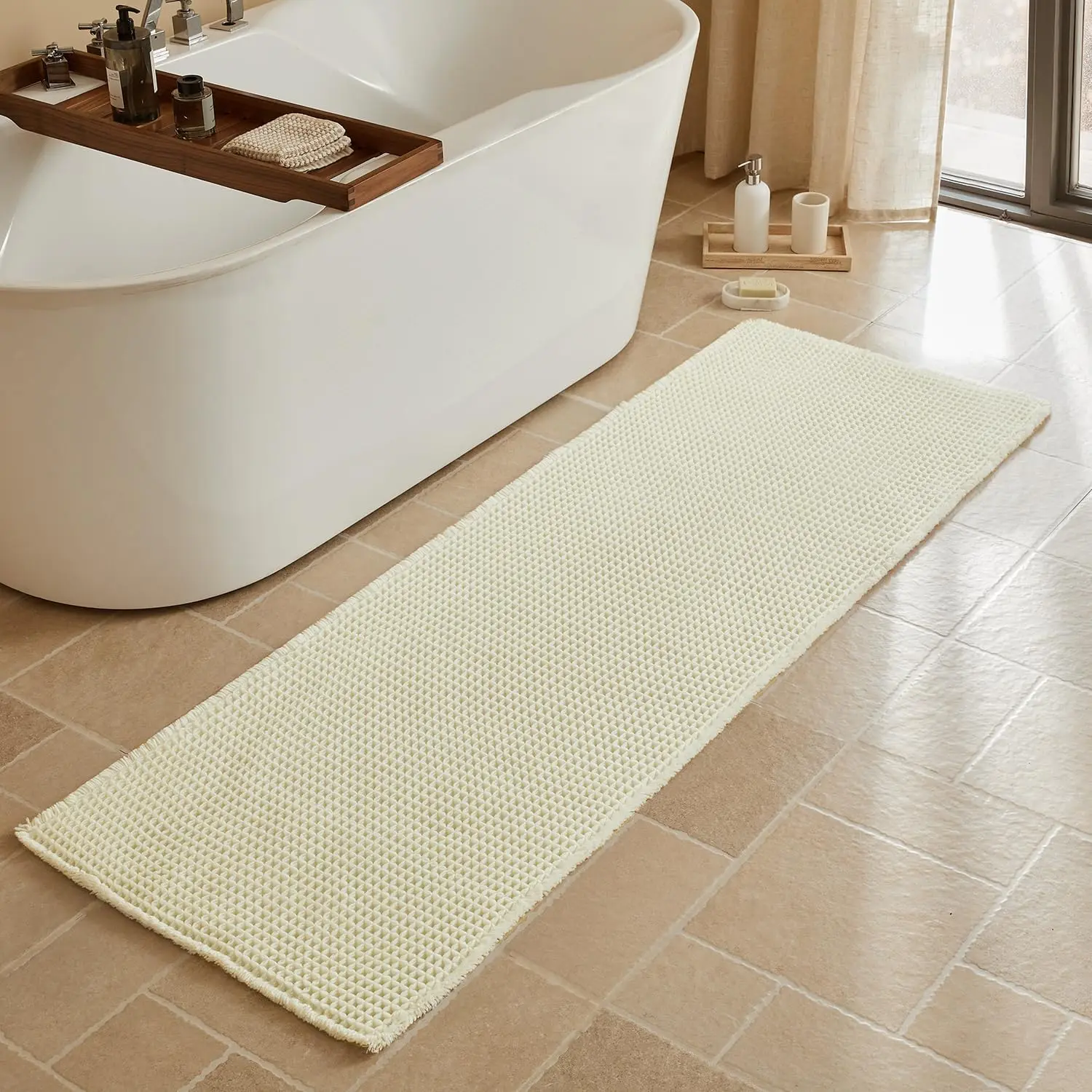 

Коврик для ванной Waffle Runner - нескользящий, моющийся, ультрамягкий, супервпитывающий, быстросохнущий, в стиле бохо-фармхаус, 24 x 72 дюйма, кремово-белый