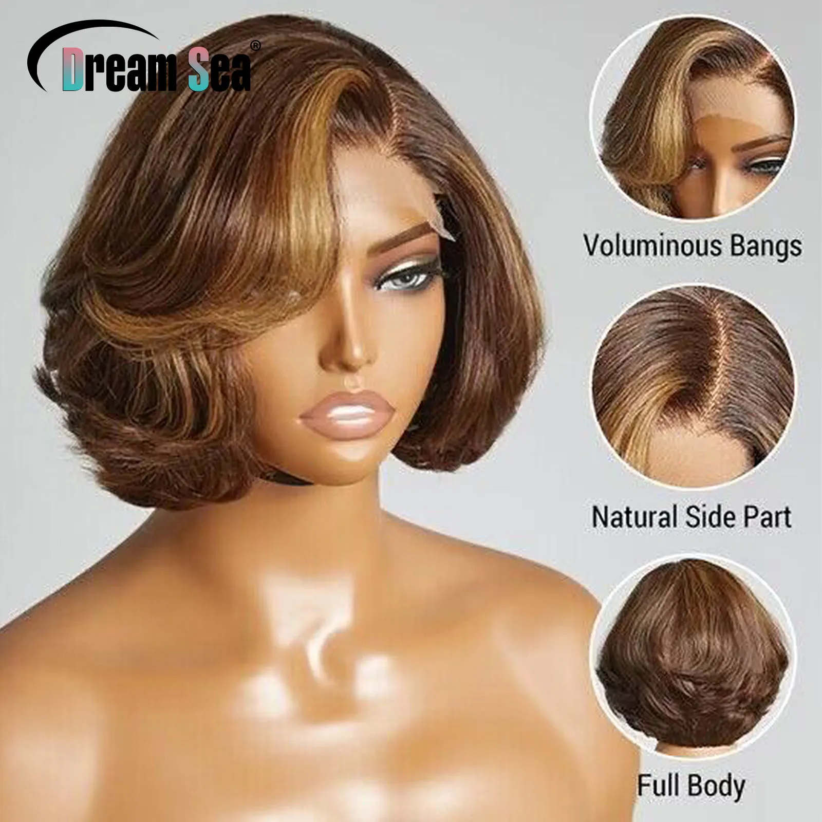 200 Density Blonde Highlight Short Bob Human Hair Wigs C Part 13x4 Lace Frontal Wig Pixie Cut Cut Brazilian Remy Hair For Women