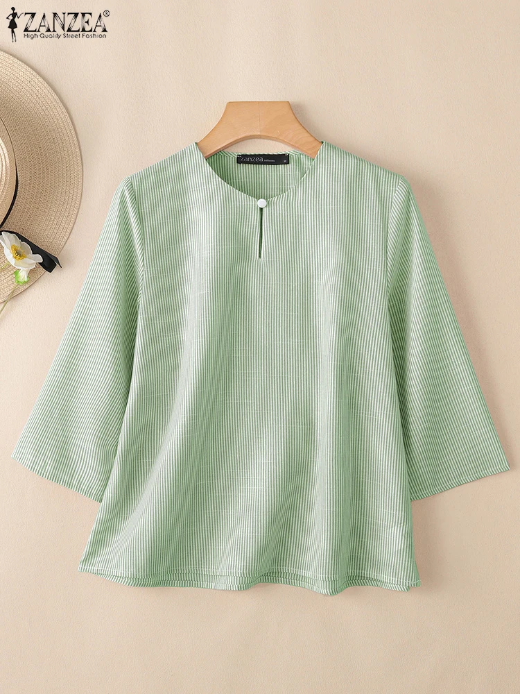 2025, Herbst, Büro, gestreifte Blusen, ZANZEA, stilvolle Damen-Oberteile, lässig, Sommer, V-Ausschnitt, 3/4-Ärmel, elegantes O-Ausschnitt, lose Hemden