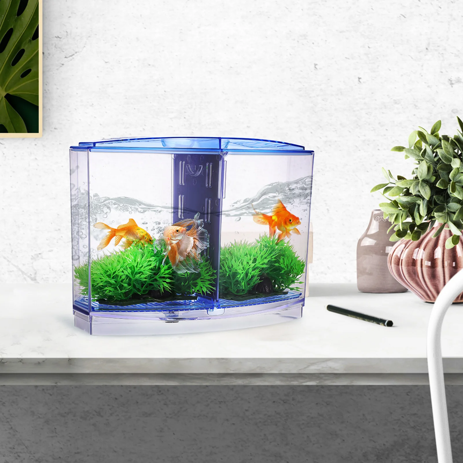 1Set Plastic Fish Tank Mini Desktop Aquarium Aquarium Decorations Partition Design Fake Plants Fish Tank Accessories Resin