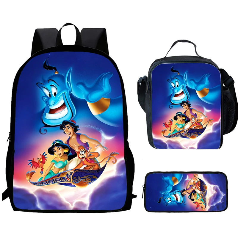 Cartoon Aladdin Printed Child School Backpack With Lunch Bag Pencil Bag For Kindergarten,Light Weight Schoolbags For Boys Girls