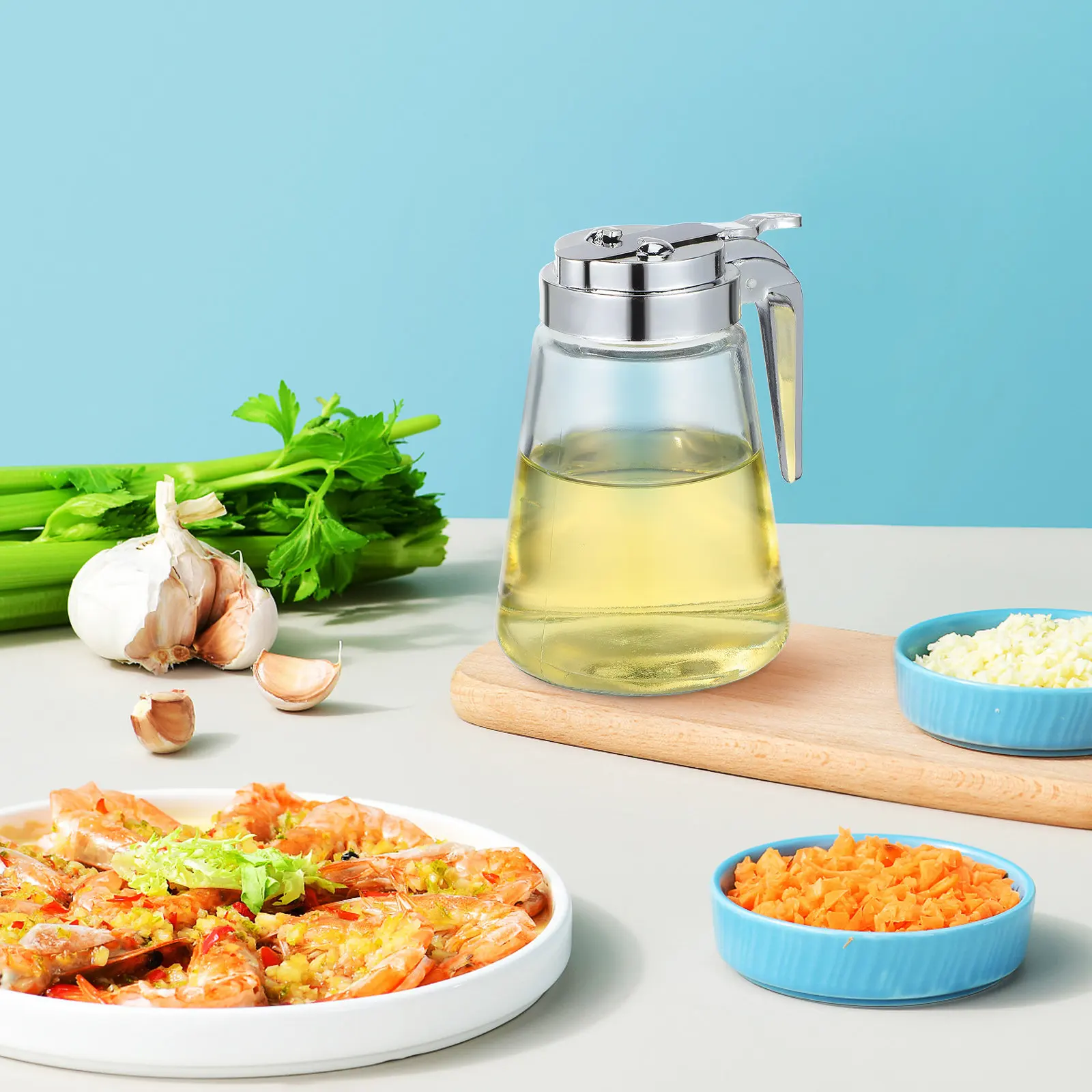 

2Pcs Glass Oil Dispenser Clear Heavy Duty Jar for Condiments Syrup Sugar Creamer Honey No Drip Function Kitchen Must Have