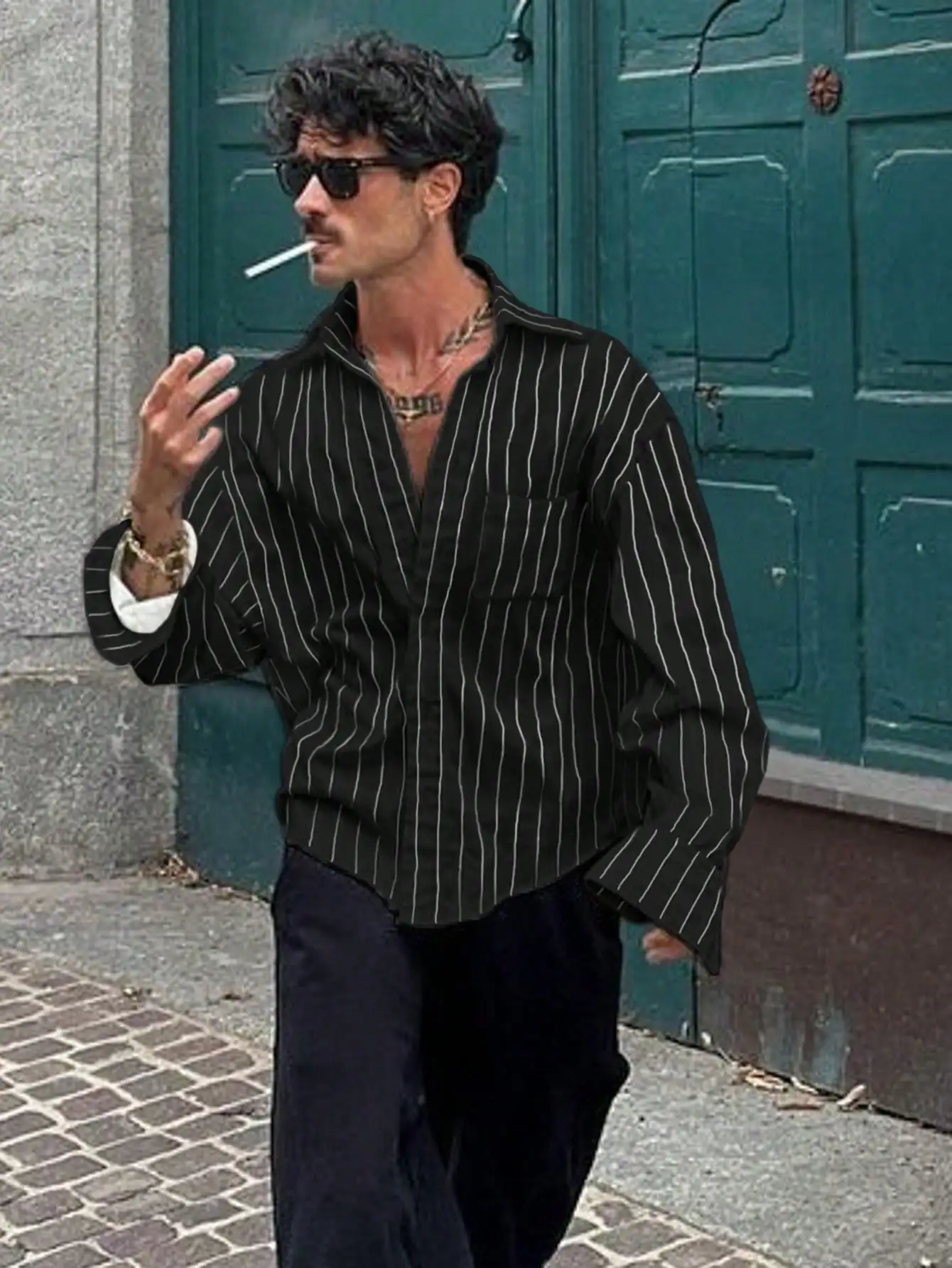 

Мужская черно-белая полосатая рубашка с длинным рукавом, свободного кроя, для весны и осени