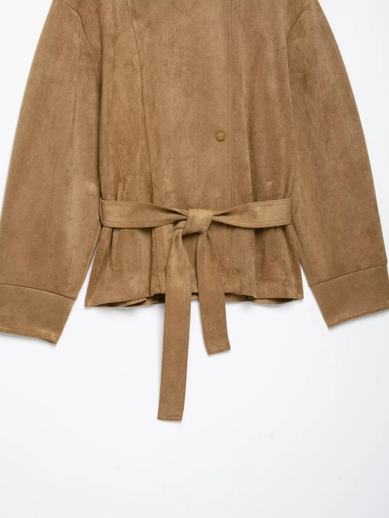 Damen Retro Herbst-Urlaubs-Kurzmantel mit Stehkragen, asymmetrischem Knopfleisten-Design, langen Ärmeln, lässiger Herbst-Mantel, einfarbig, locker geschnitten – Detail 7