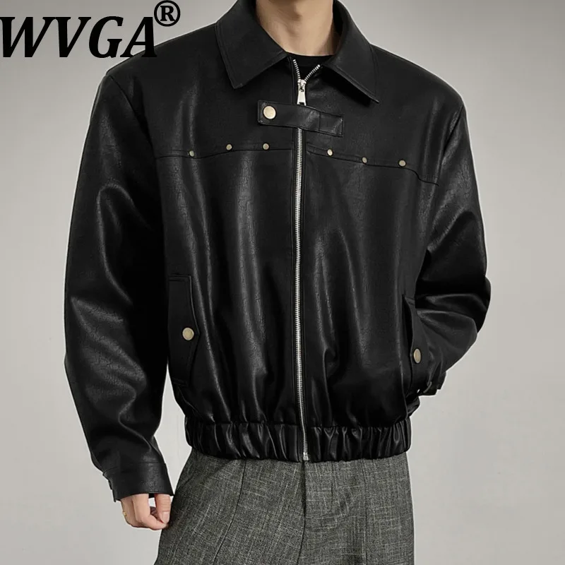 

WVGA весна осень новый мужской прилив отложной воротник кожаная короткая куртка с подкладкой на плечах металлические модные пальто в корейском стиле Ins W15088