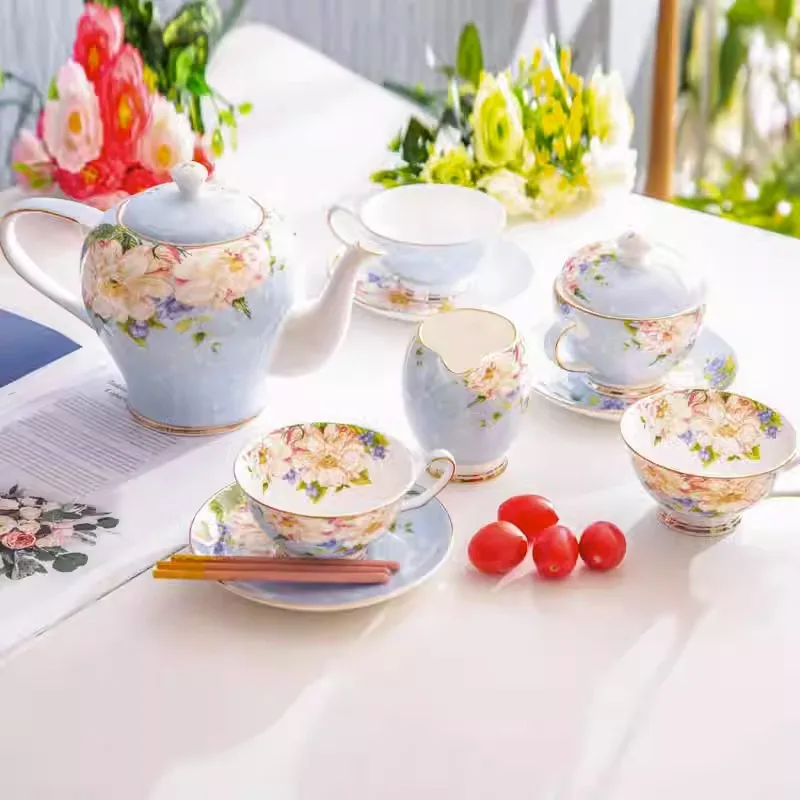 Bone China Coffee Cup Set European Afternoon Tea Set 15-head Coffee Set English Tea Set Ceramic Flower Tea Belt Rack